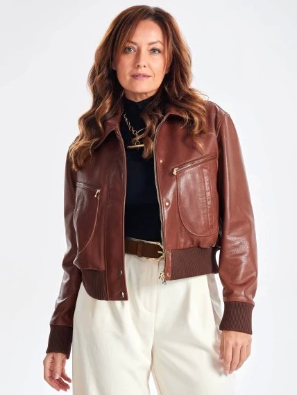 Короткая кожаная куртка бомбер для женщин премиум класса 3066, песочная, размер 44, артикул 23800-0